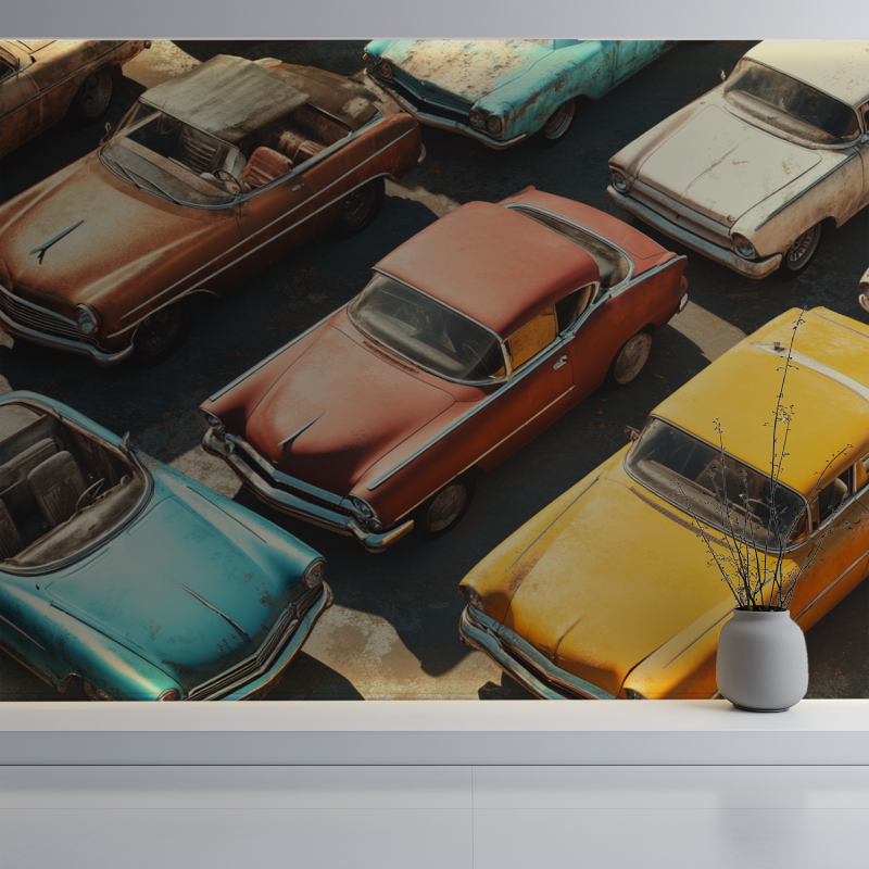 Classic car mural wallpaper installed in a stylish home office with warm lighting