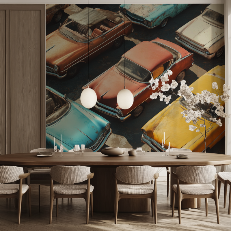 Retro automotive wallpaper bringing character to an industrial-style bedroom