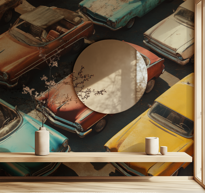 Classic car wallpaper transforming a modern dining room with copper accents