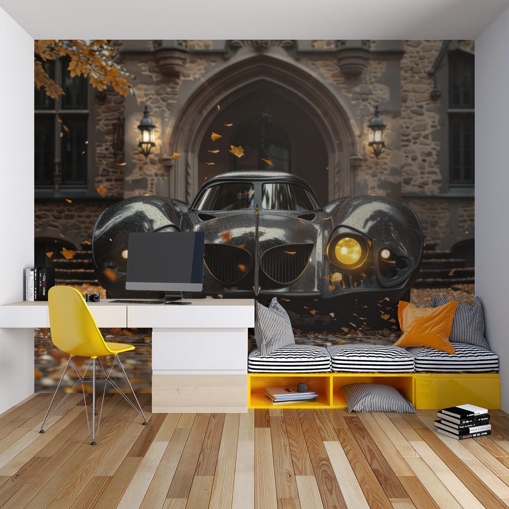 Classic car wallpaper bringing sophistication to a modern living room with black and gold accents