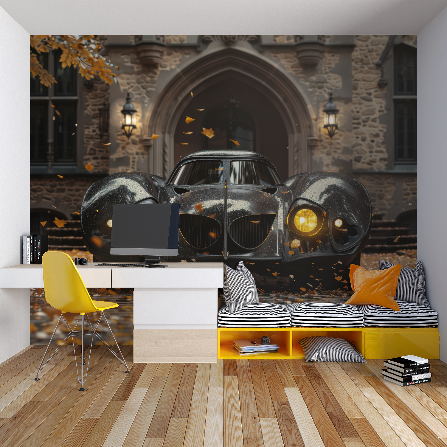 Classic car wallpaper bringing sophistication to a modern living room with black and gold accents