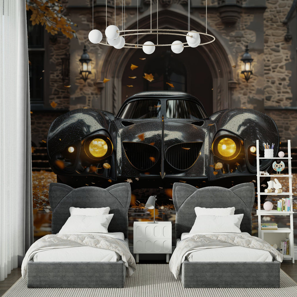 Vintage automobile mural creating drama in an elegant home office space
