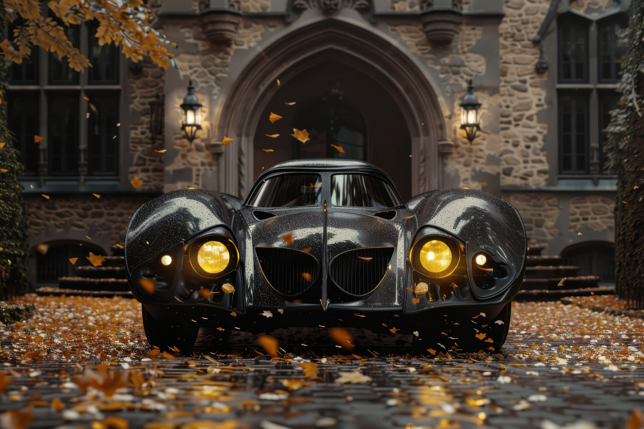 Design file showing detailed vintage car pattern with autumn leaves and gothic archway