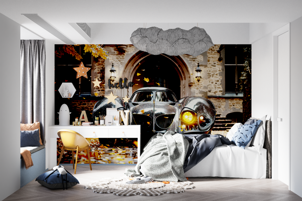 Black vintage automobile wallpaper styled in a luxury garage lounge