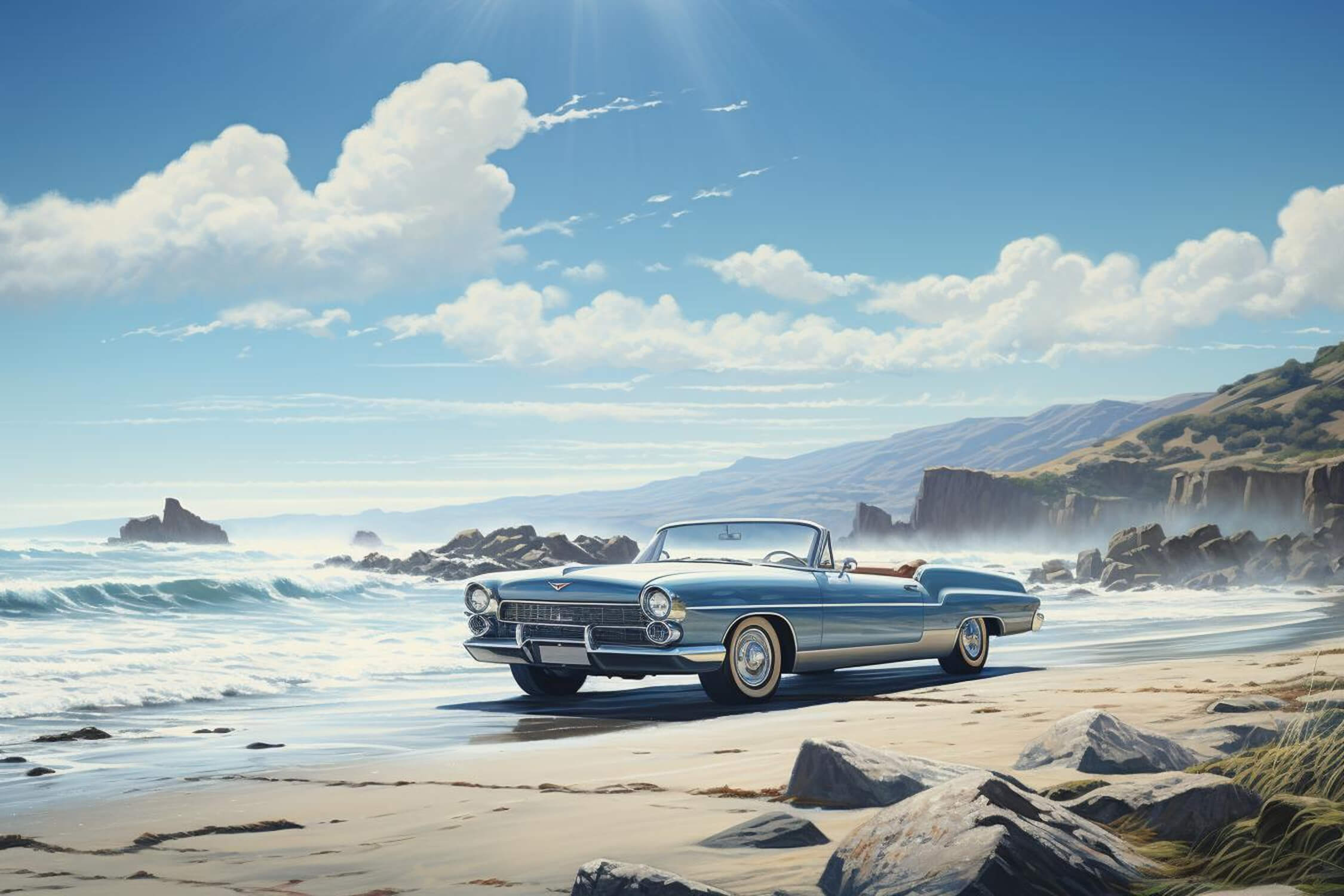 Classic blue convertible beach design file showing detailed pattern and rich colors
