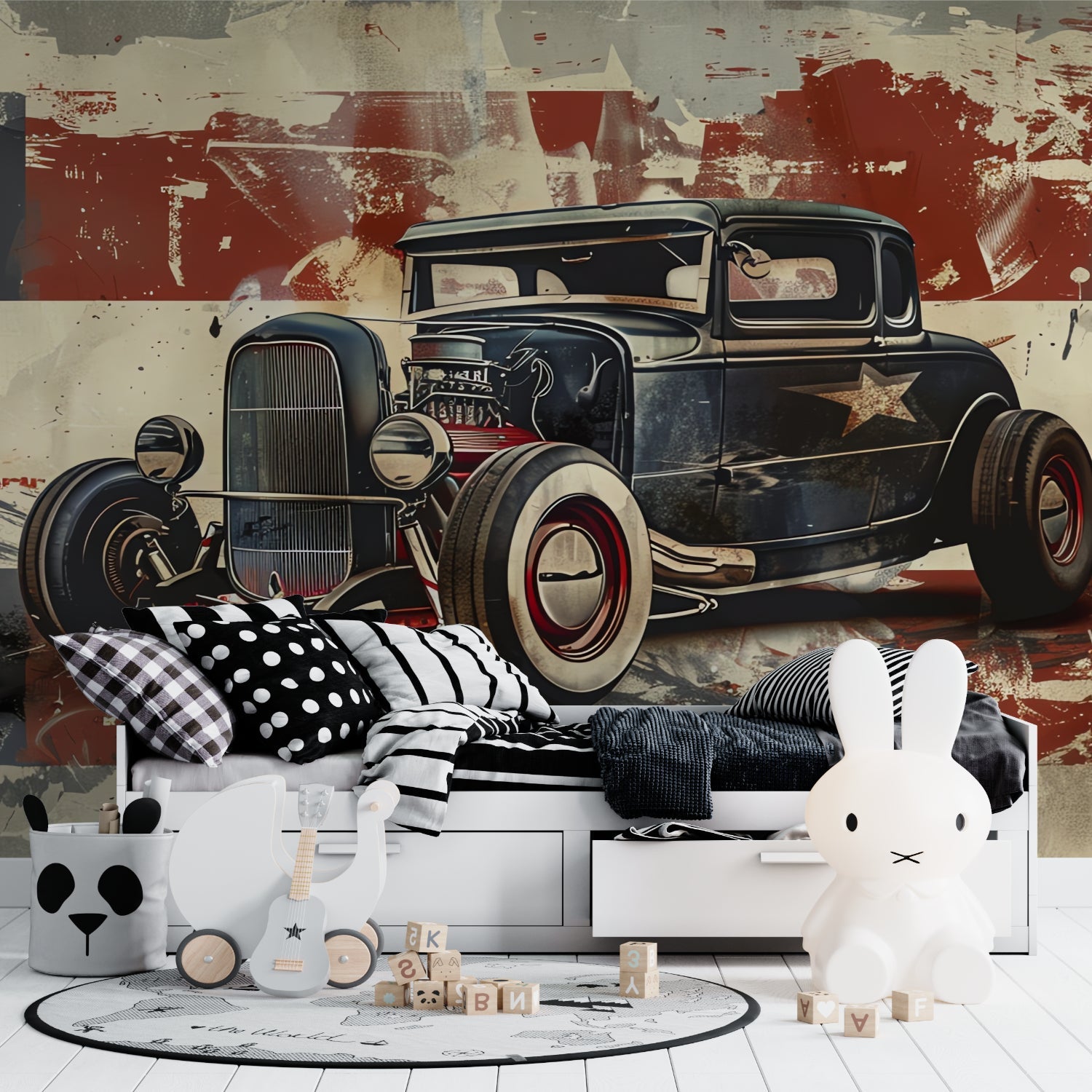 Hot rod wallpaper mural styled in modern living room with red accent furniture