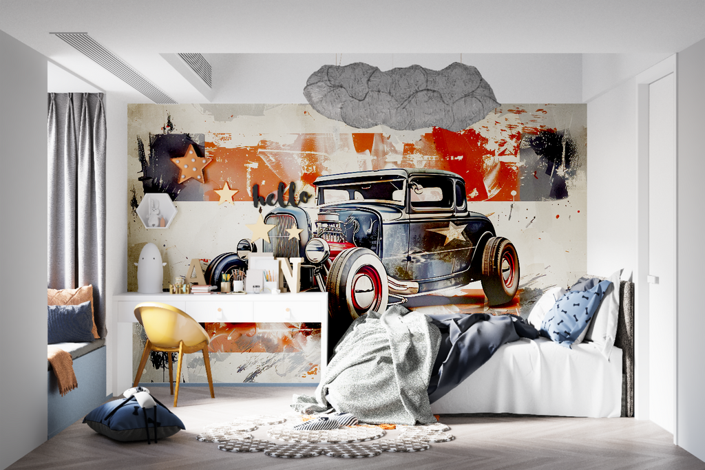 Vintage car wall mural creating focal point in teen bedroom setup