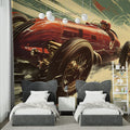 Vintage car mural wallpaper in modern living room showing classic red racer against beige wall