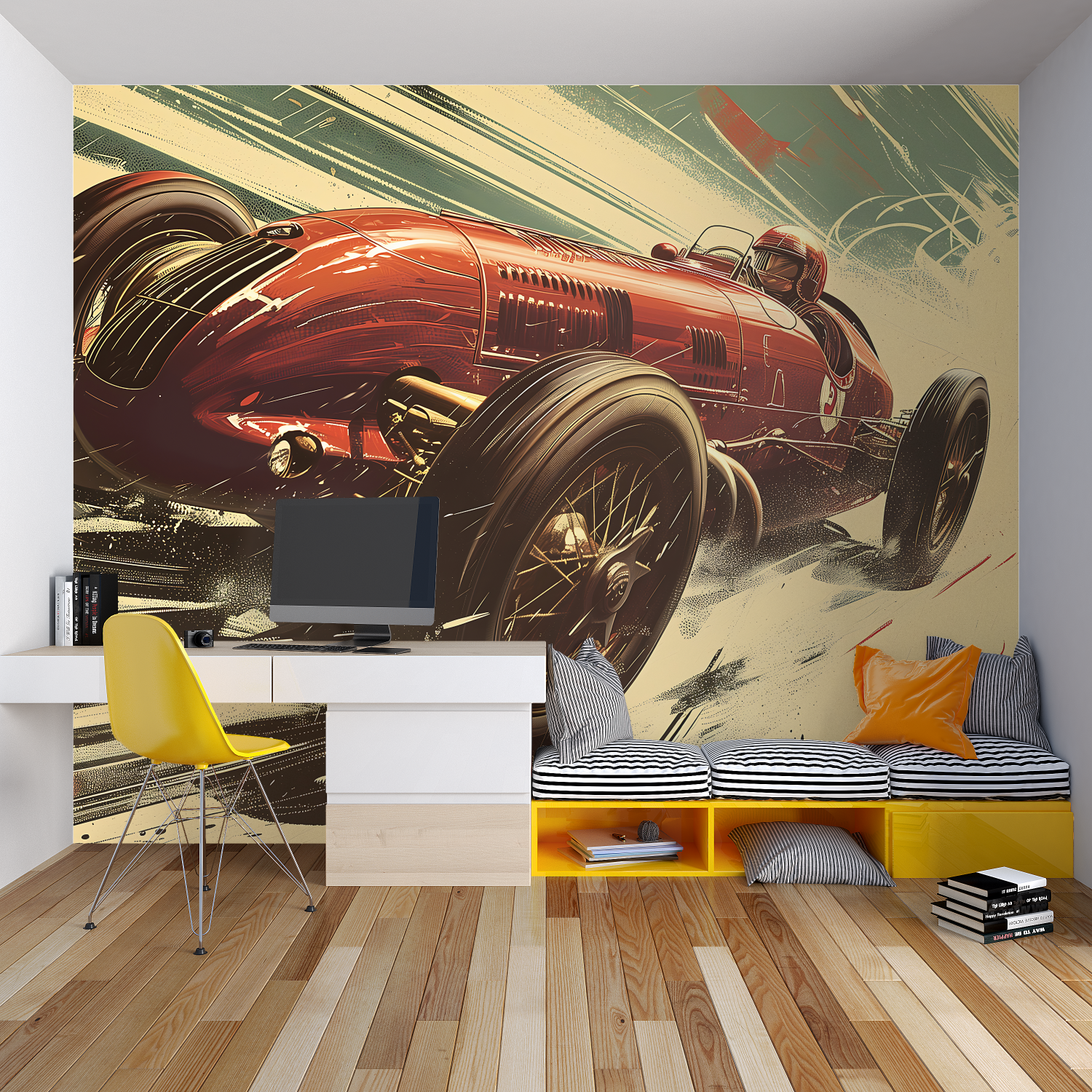 Classic car wall mural in garage conversion workout space
