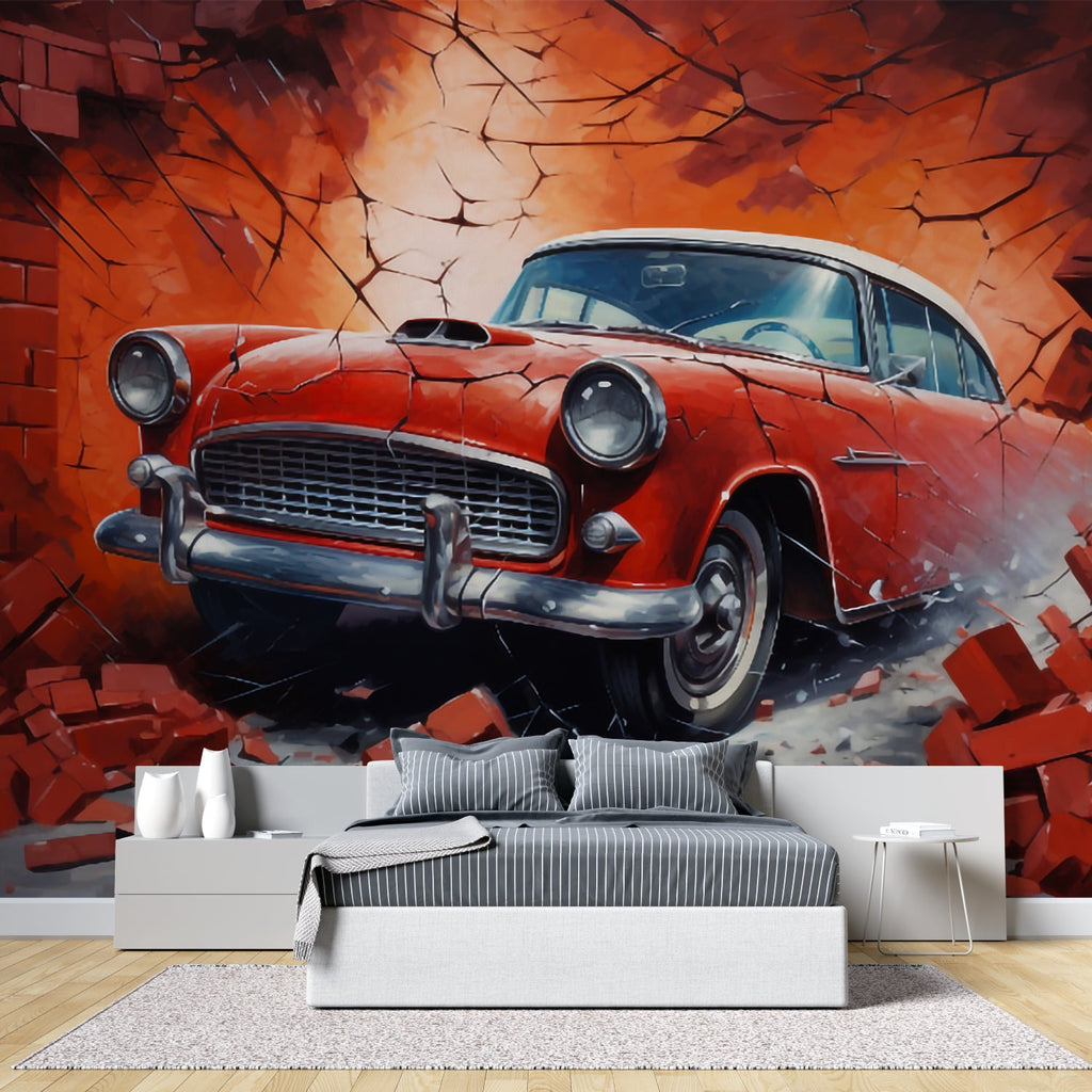 3D car mural installation in teen bedroom showing classic automobile bursting through brick texture