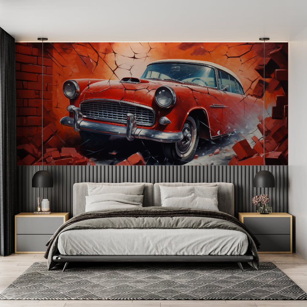 Vintage car wallpaper creating focal point in garage with red auto breaking wall effect