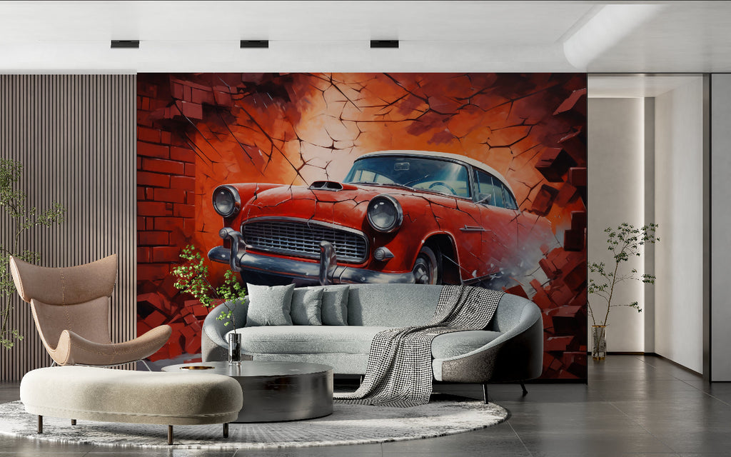Classic car mural transforming living room wall with 3D breaking effect and vintage auto design