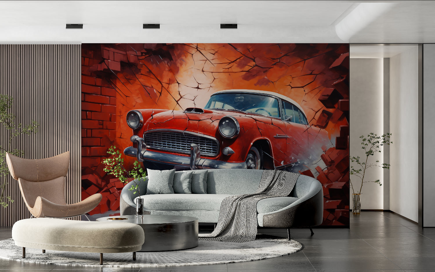 Classic car mural transforming living room wall with 3D breaking effect and vintage auto design