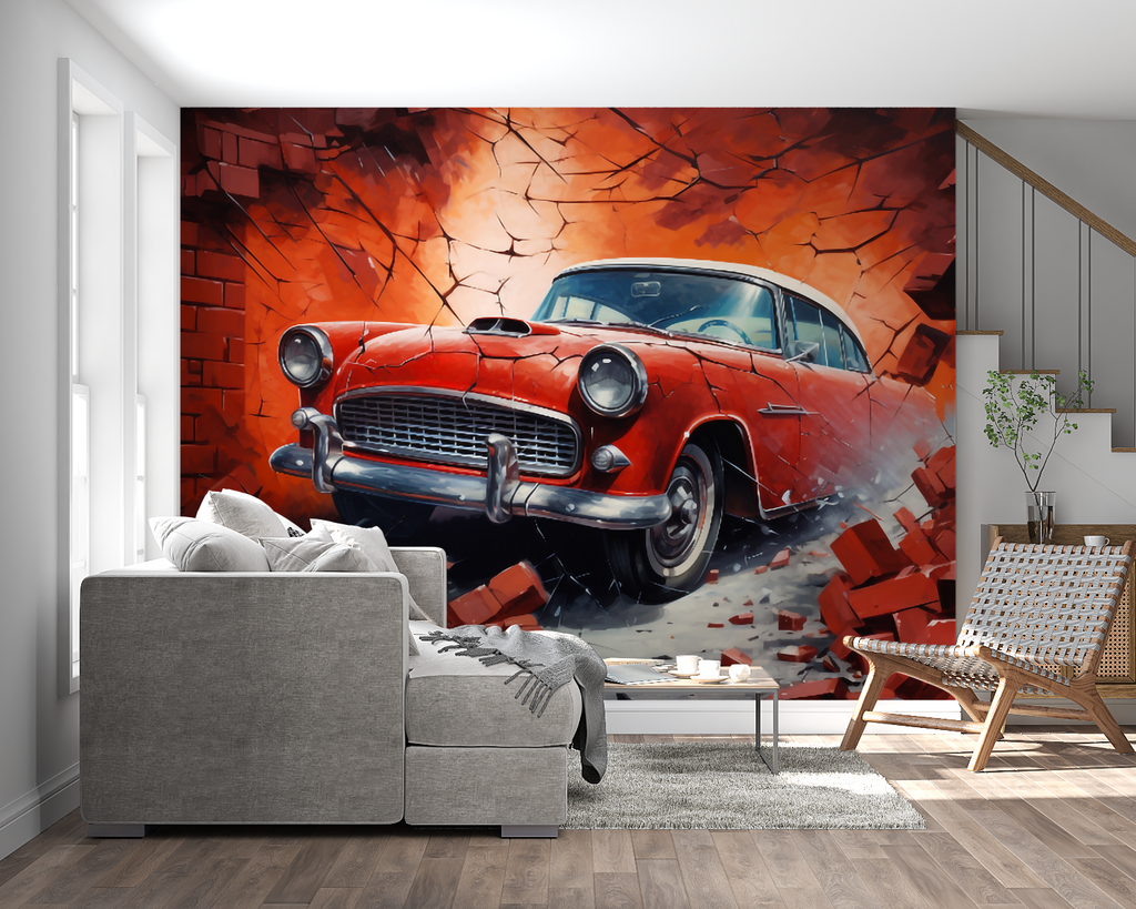 3D car wallpaper installed in man cave showing vintage automobile bursting through brick wall