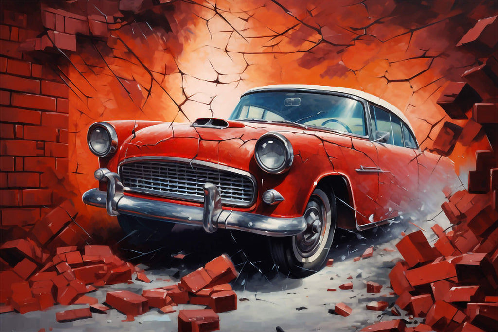 Design file of vintage car mural showing detailed red classic auto and brick wall pattern