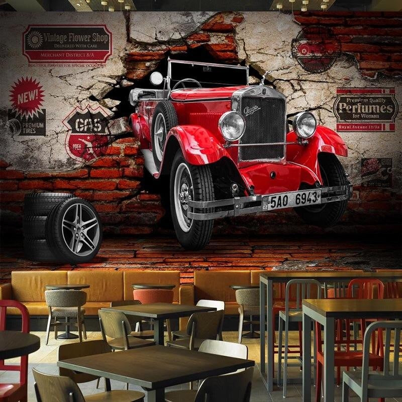 Automotive wallpaper design showcased in modern loft apartment