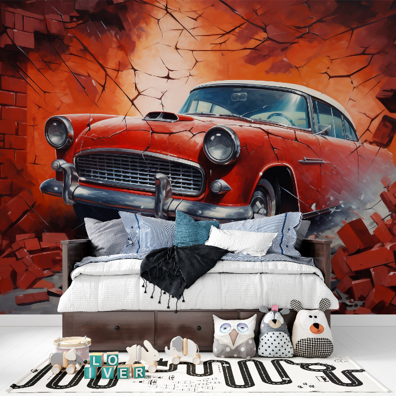 Classic car mural wallpaper featuring red automobile in teen bedroom setting