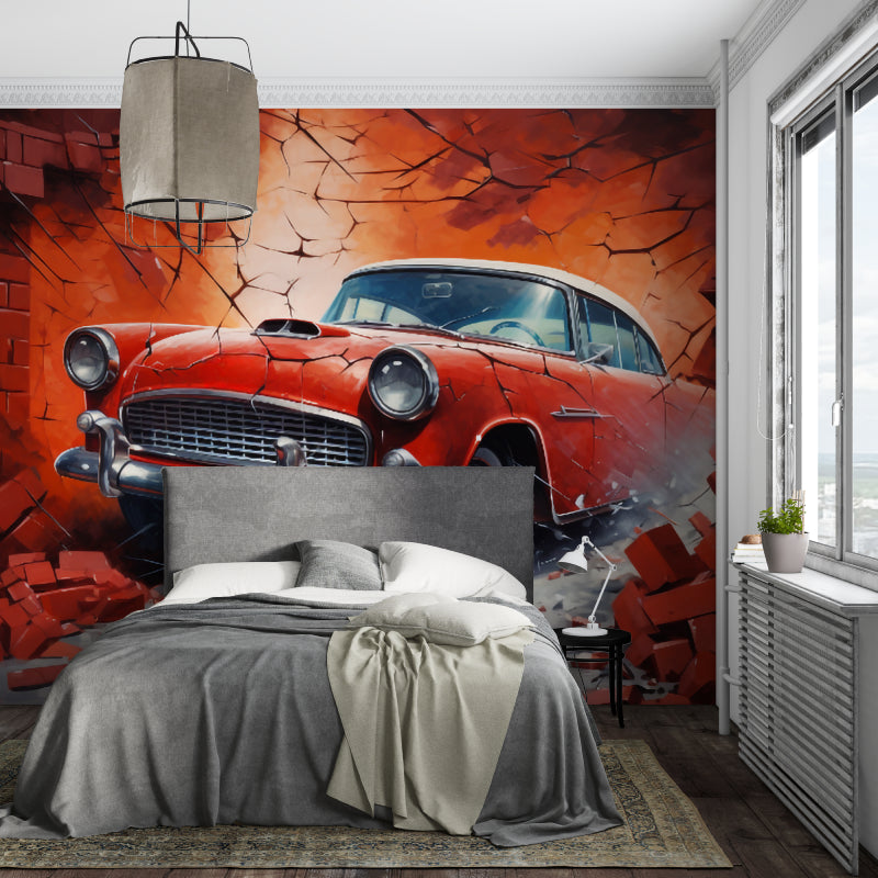 Vintage automobile wallpaper installed in man cave with dramatic lighting