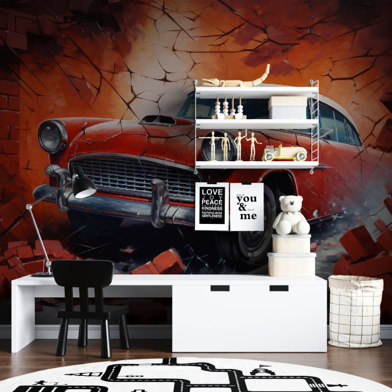 Classic car wall mural transforming garage conversion with red auto design