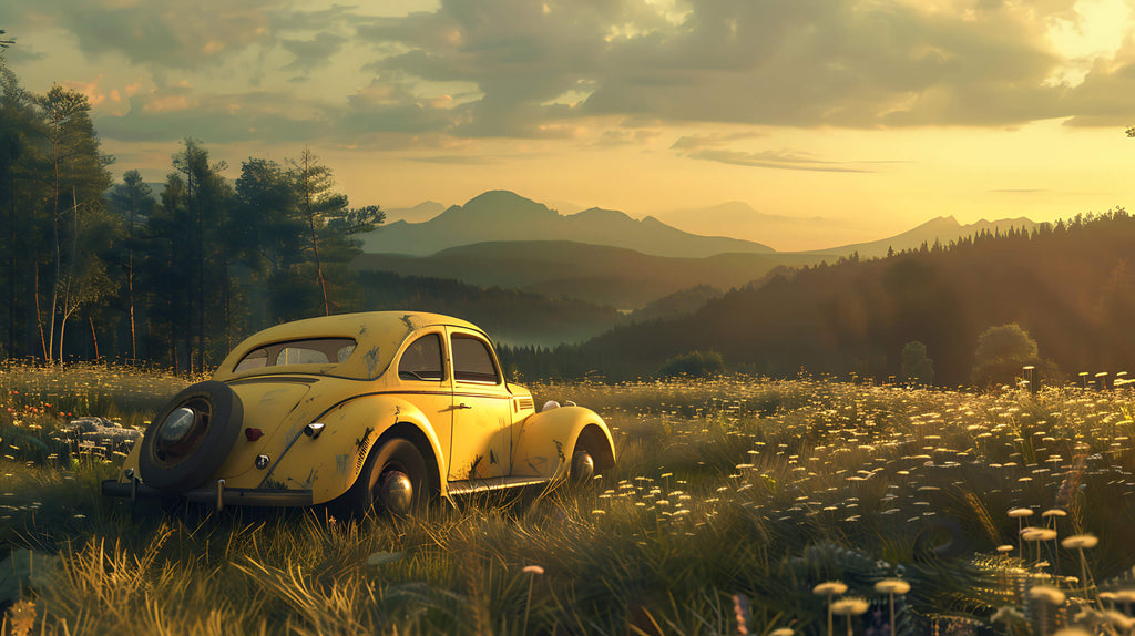 Design file showing detailed vintage car and mountain landscape pattern