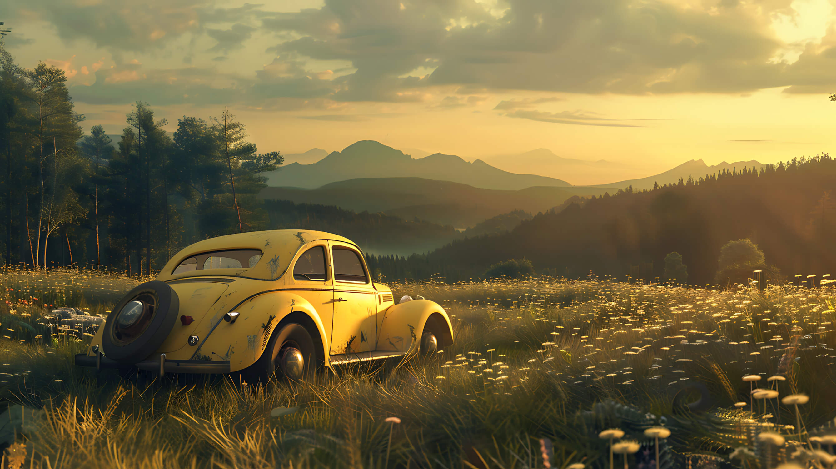 Design file showing detailed vintage car and mountain landscape pattern