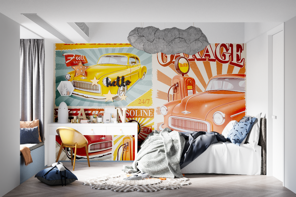 Vintage garage wallpaper making a statement in a home office with industrial furniture