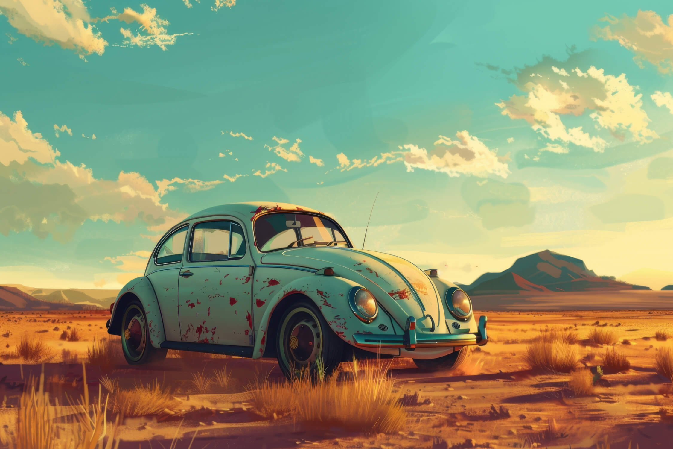 Design file showing detailed retro Beetle against golden desert landscape
