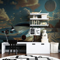 Vintage car wallpaper in modern living room showing classic automobile against desert moon