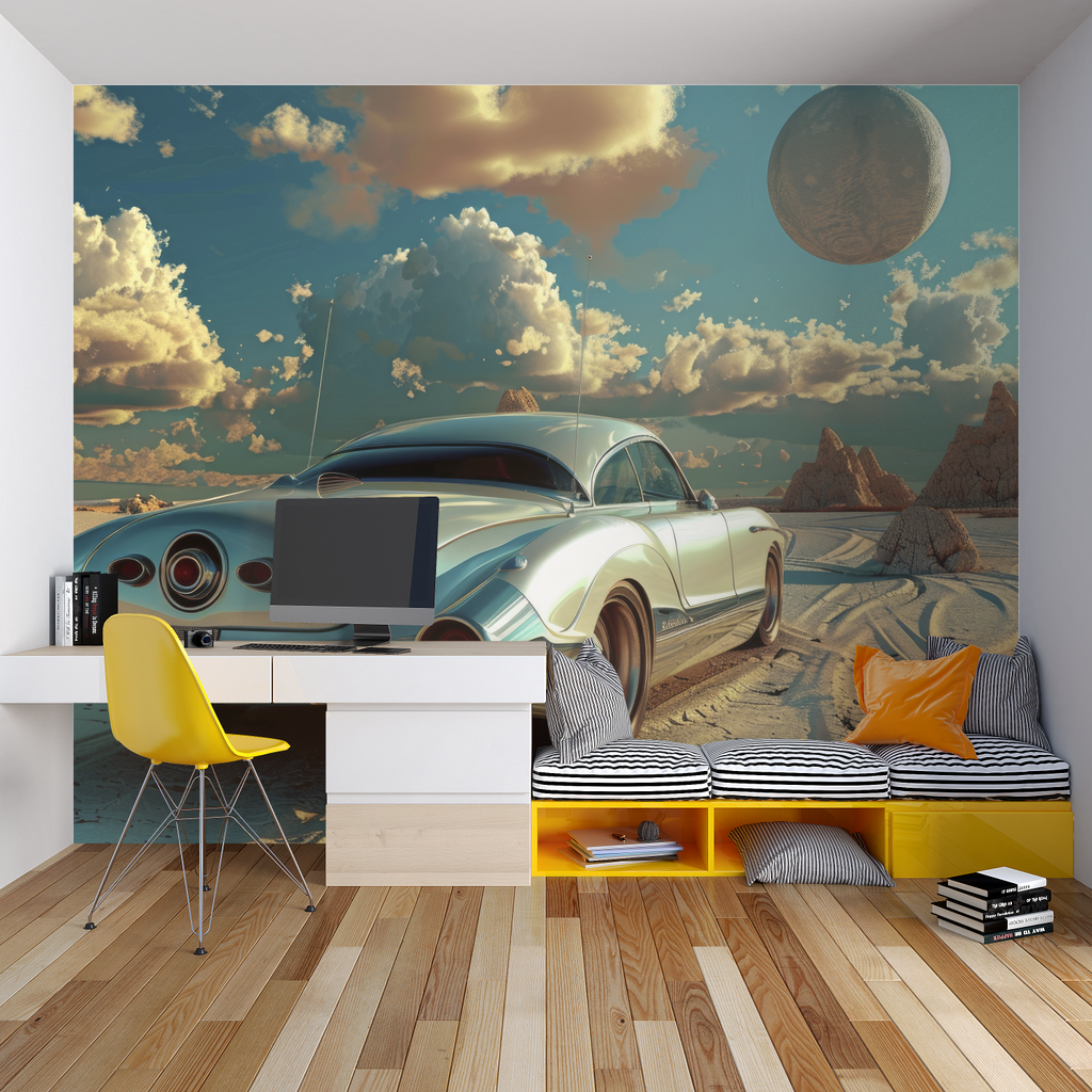 Retro car desert mural adding character to gaming room setup