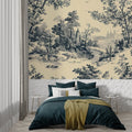 Black and beige castle toile wallpaper in a modern dining room with crystal chandelier