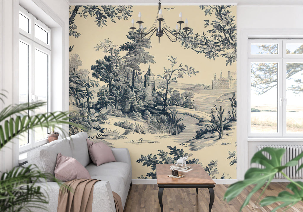 Vintage castle toile wallpaper creating elegance in a classic living room setting