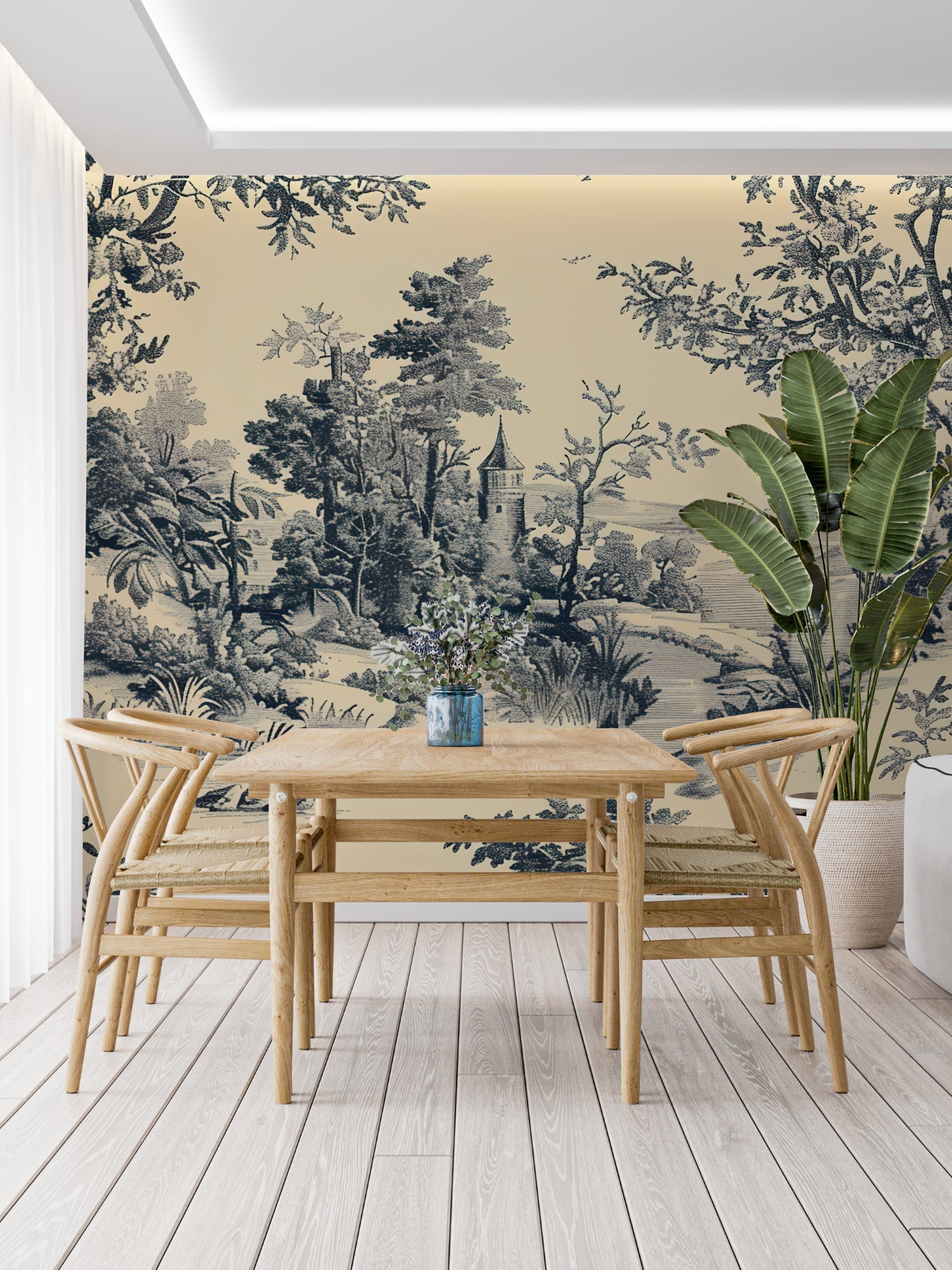 Black and beige castle mural in an elegant hallway setting