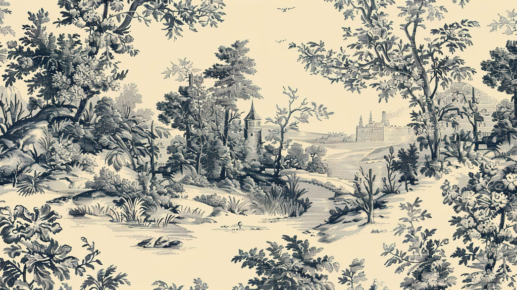 Design file showing intricate castle toile pattern in black and beige