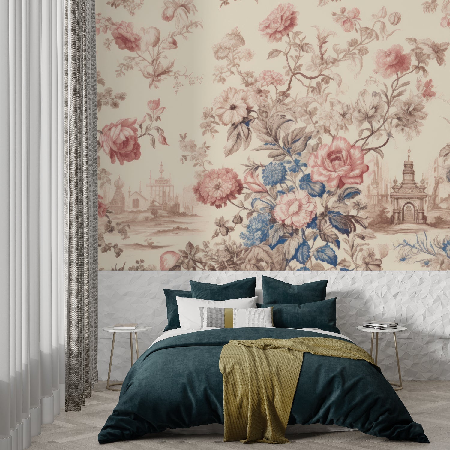 French Toile wallpaper in elegant dining room with crystal chandelier and white wainscoting