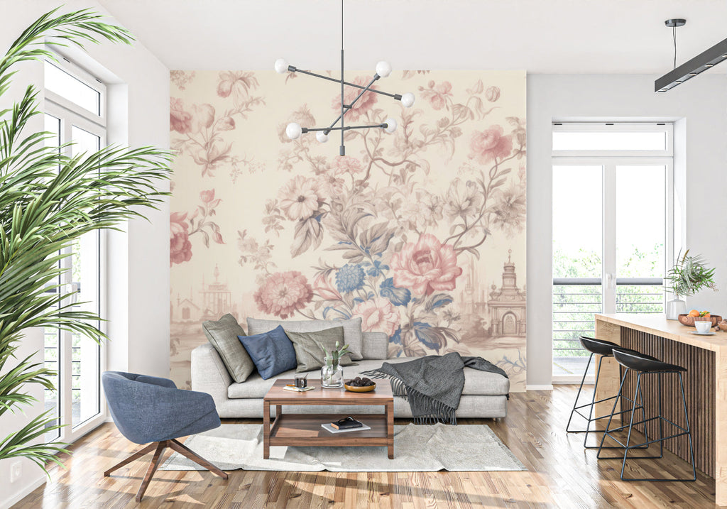 Blue and pink Toile de Jouy wallpaper in bright reading nook with window seat
