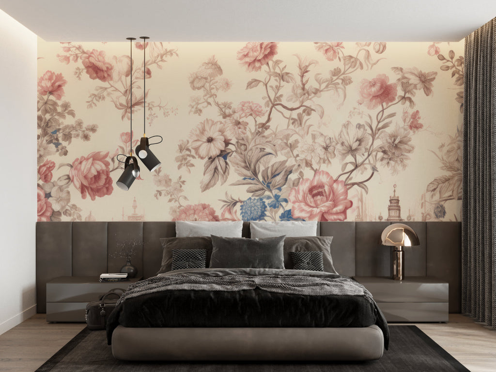 French country wallpaper featuring pink roses in modern farmhouse living room