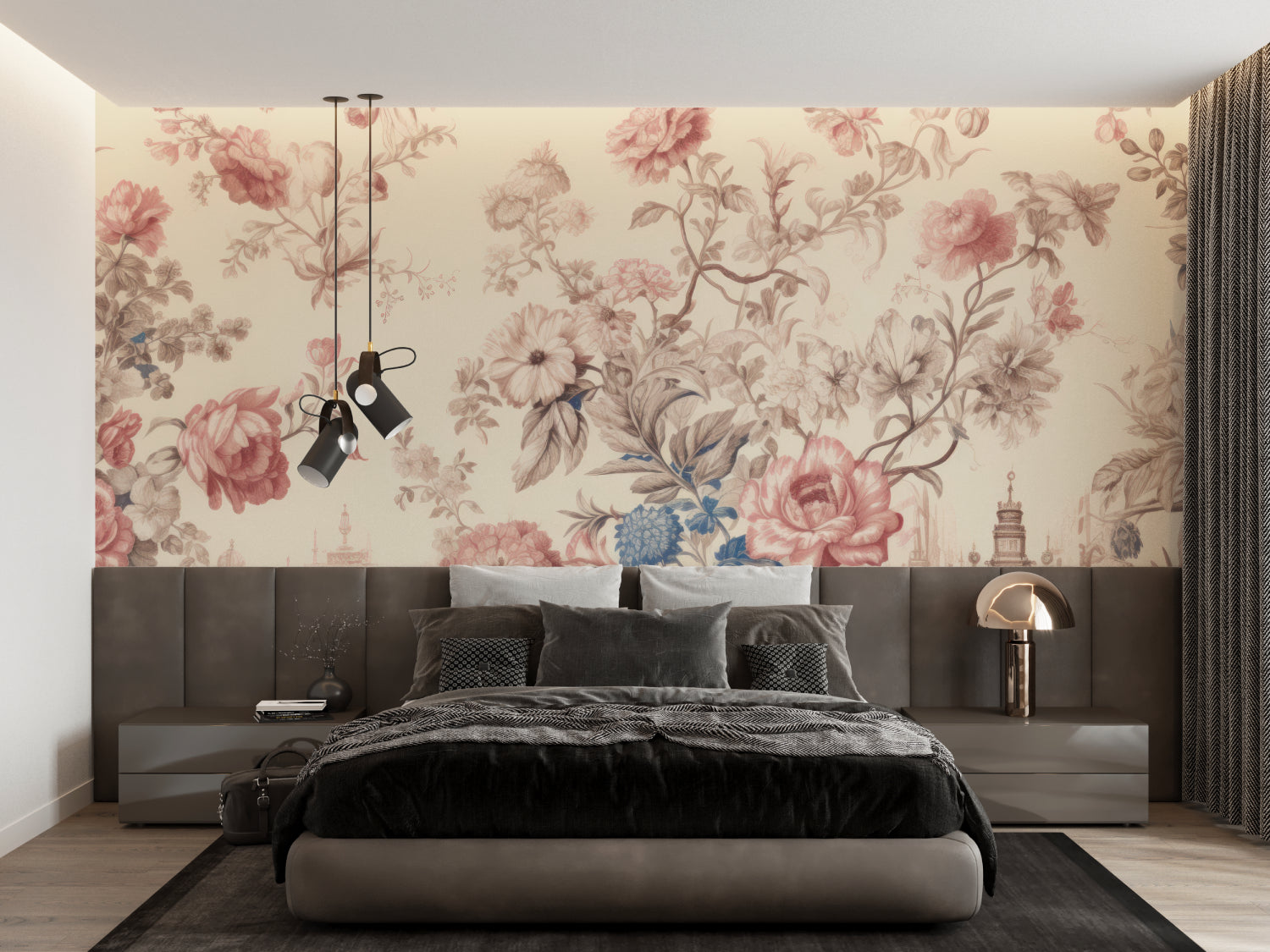 French country wallpaper featuring pink roses in modern farmhouse living room
