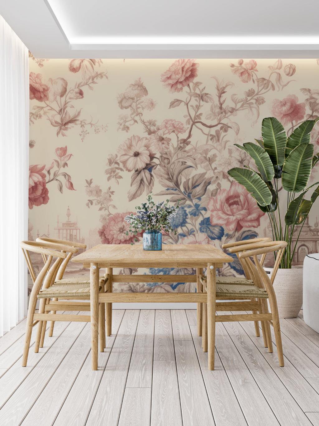 Classic Toile pattern wall mural in powder room with brass fixtures