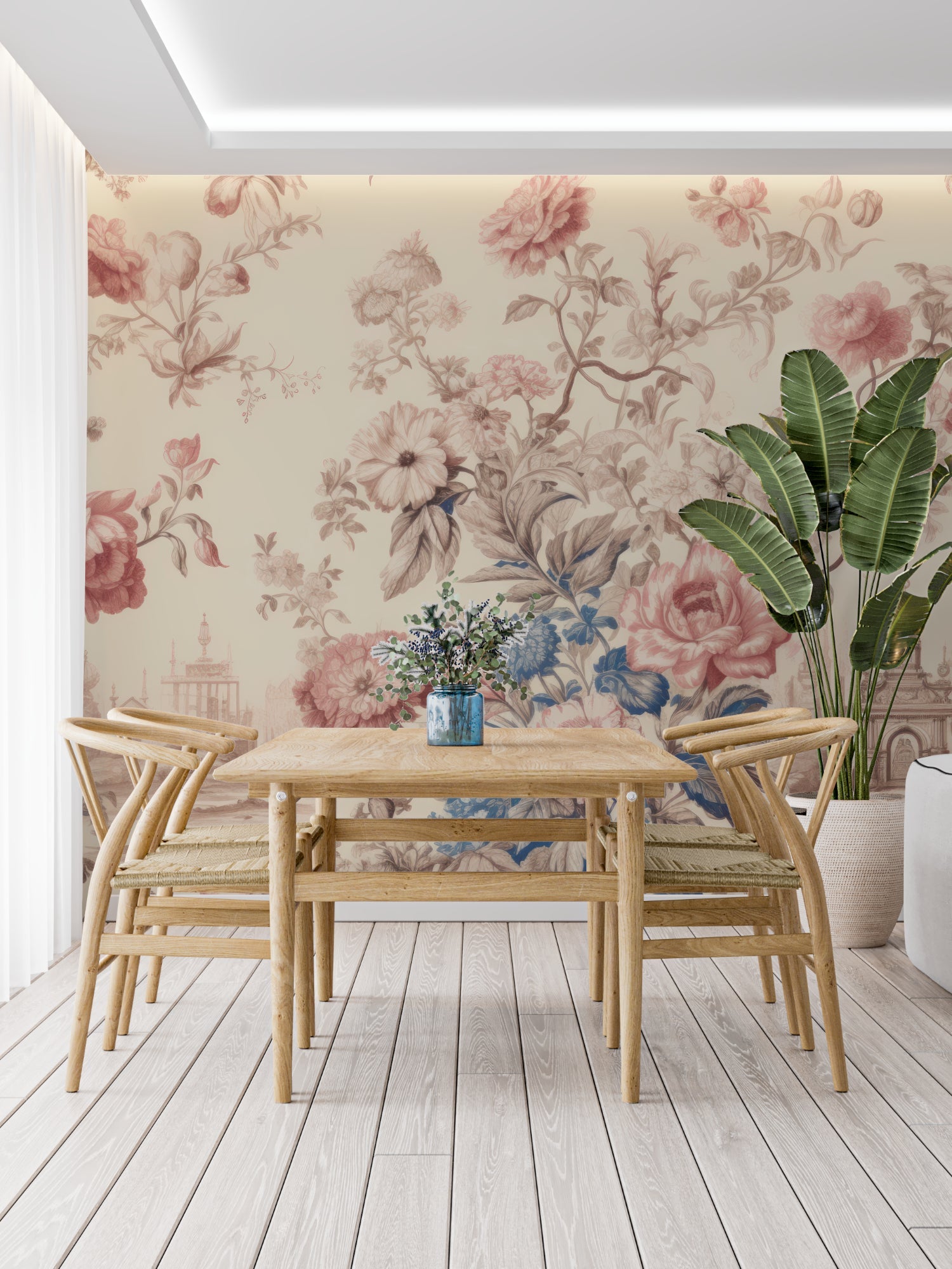 Classic Toile pattern wall mural in powder room with brass fixtures