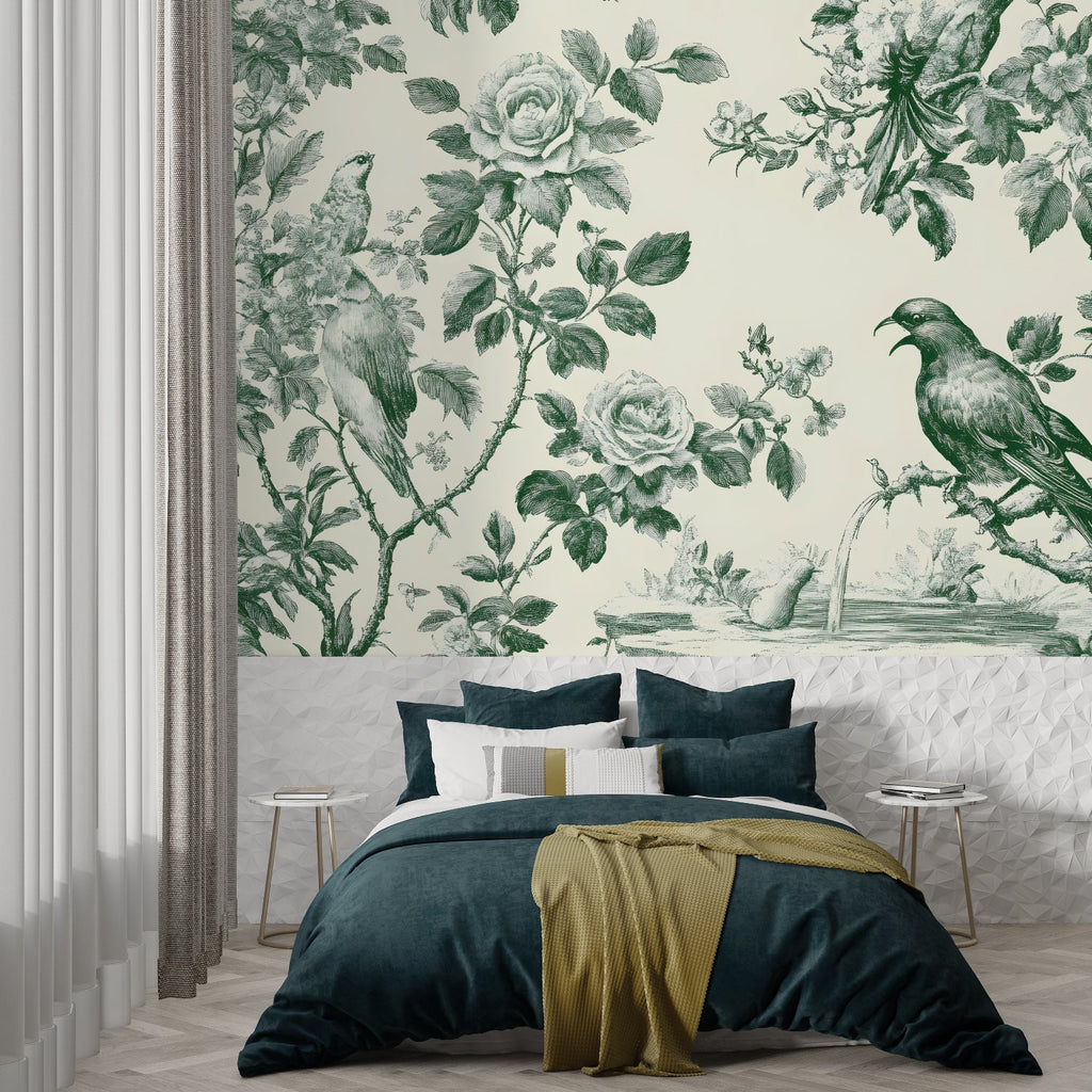 Vintage green toile wallpaper with birds in a bright dining room, showing elegant French country style