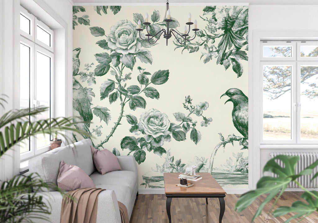 Green birds and roses wallpaper in a reading nook setting