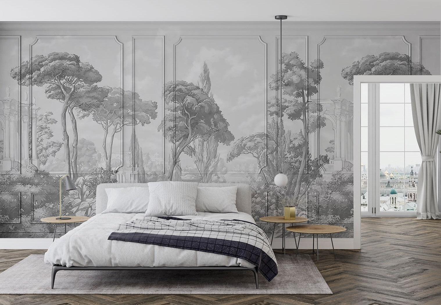 Vintage garden mural wallpaper adding elegance to a modern living room with gray sofas
