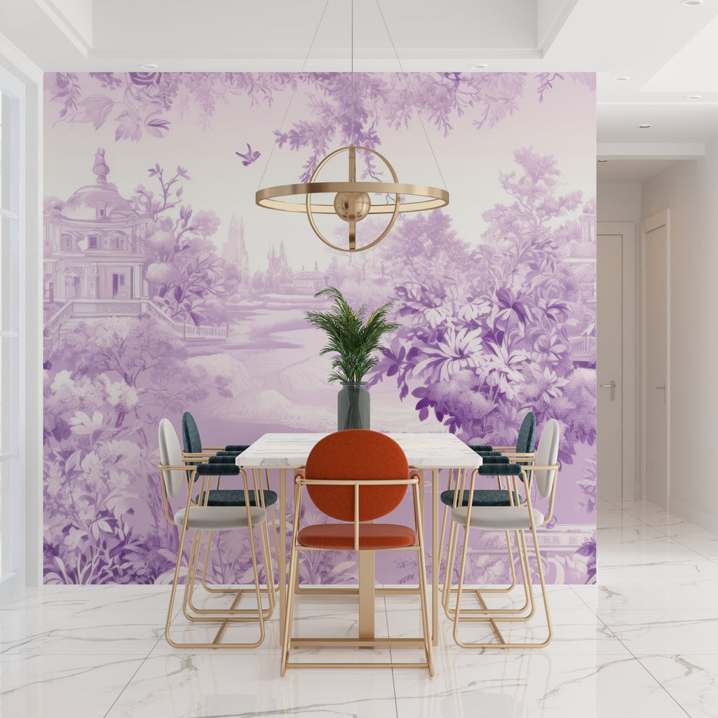 Garden paradise wallpaper creating calm atmosphere in dining room