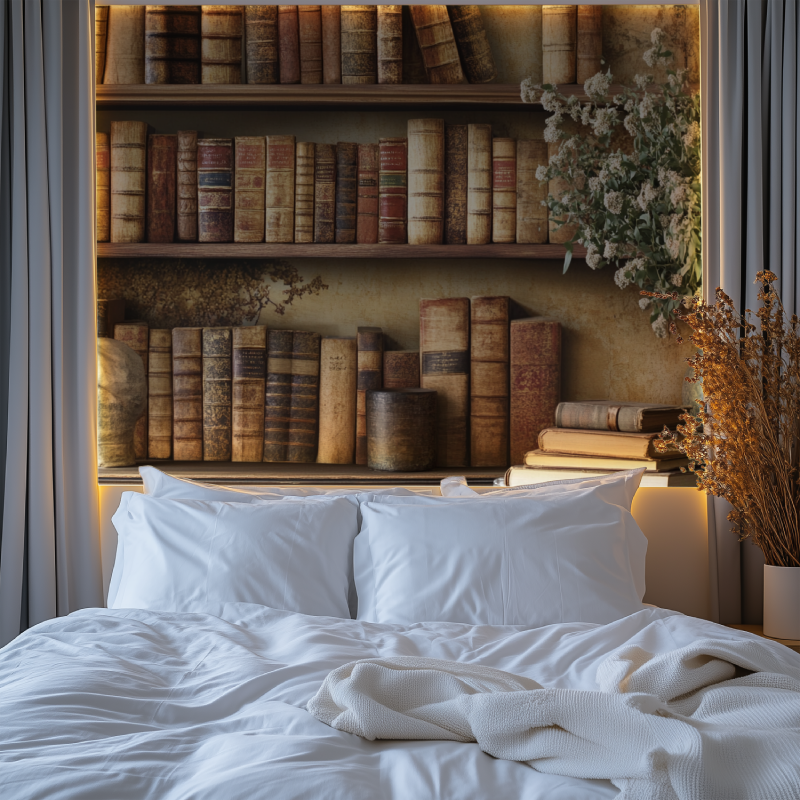 Vintage library wallpaper creating a cozy reading nook in a modern apartment living room