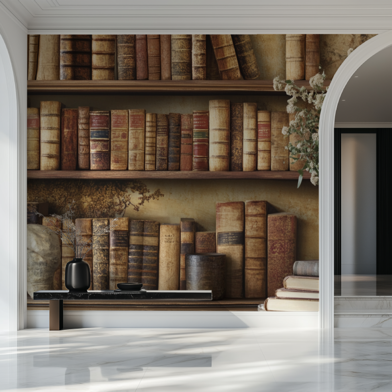 Library wallpaper adding scholarly charm to a study room with leather-bound books