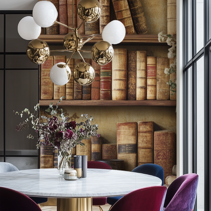 Trompe l'oeil bookshelf mural creating depth in a small reading corner