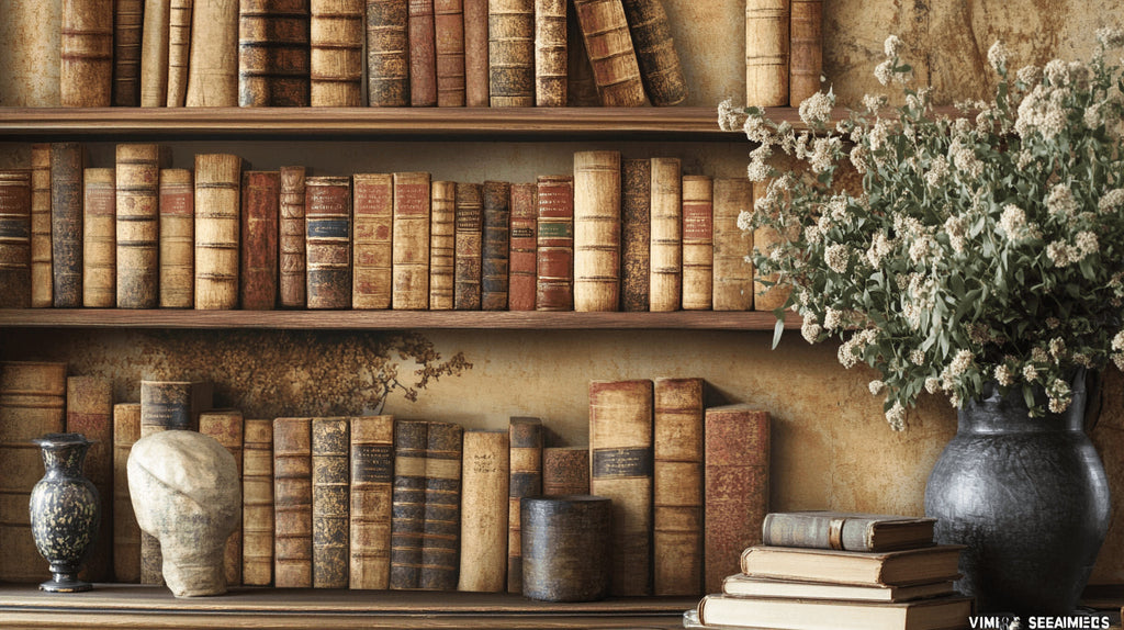Vintage library wallpaper design file showing detailed antique bookshelf pattern