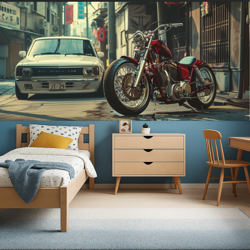 Vintage motorcycle wallpaper bringing urban style to a modern living room with red and chrome accents