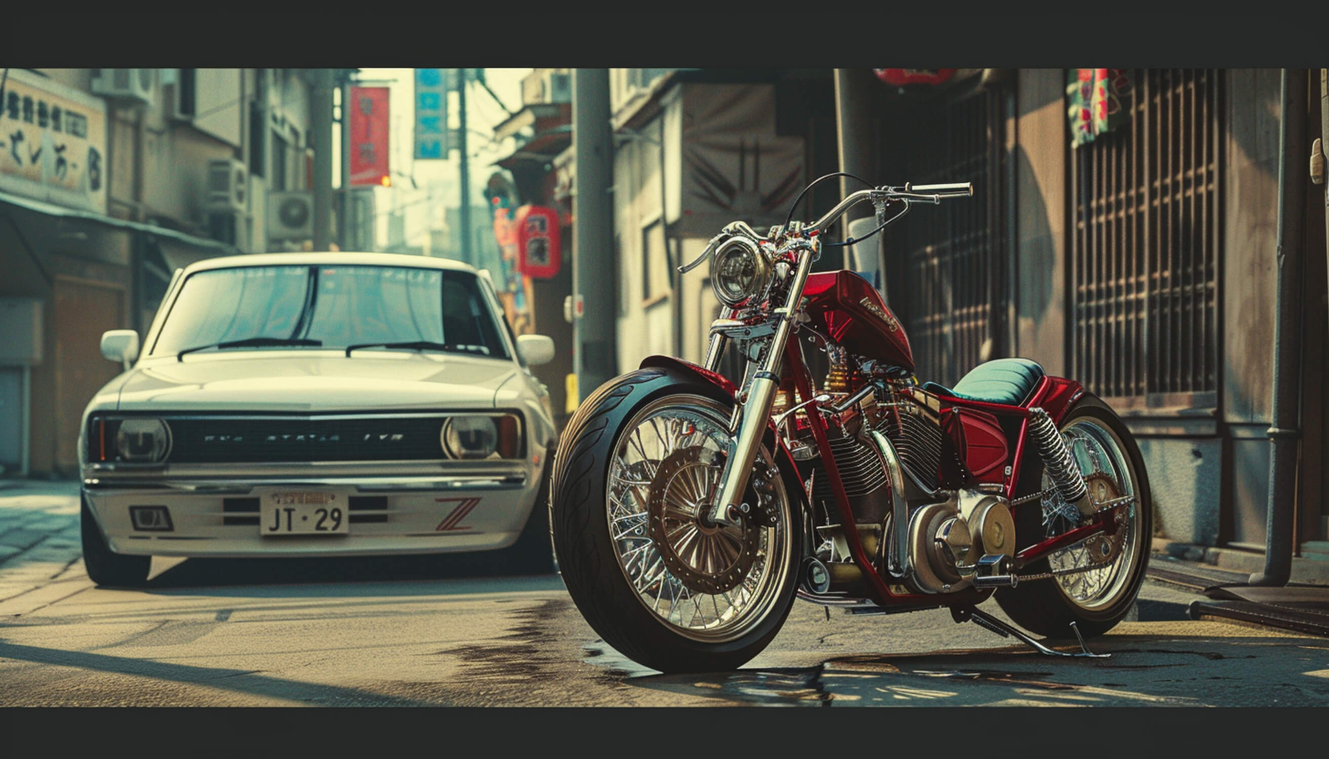 Design file showing detailed Japanese street scene with vintage motorcycle and classic car pattern