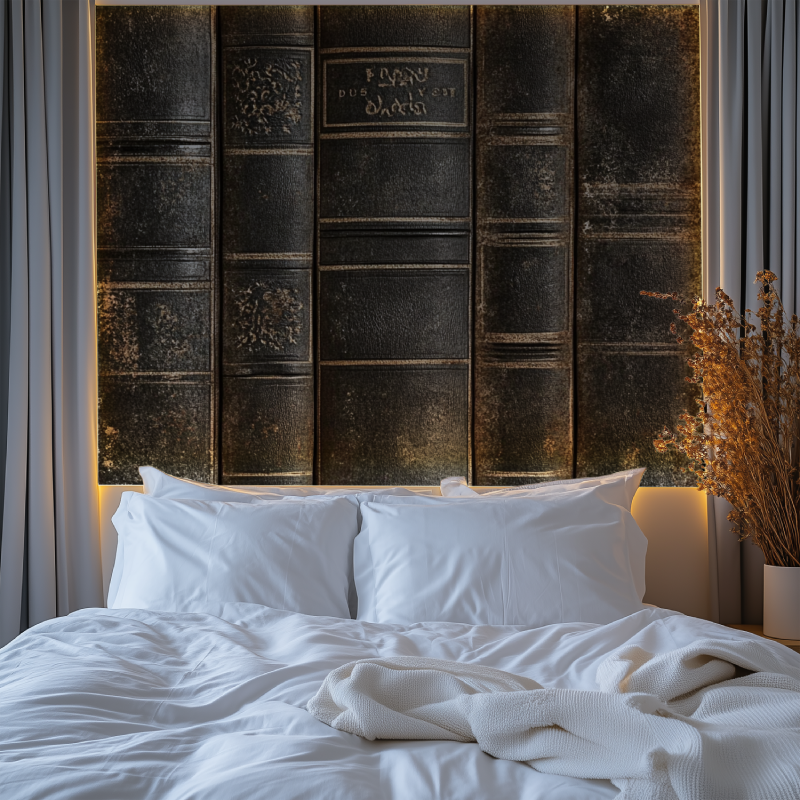 Classic book wallpaper transforming a home office into an elegant study